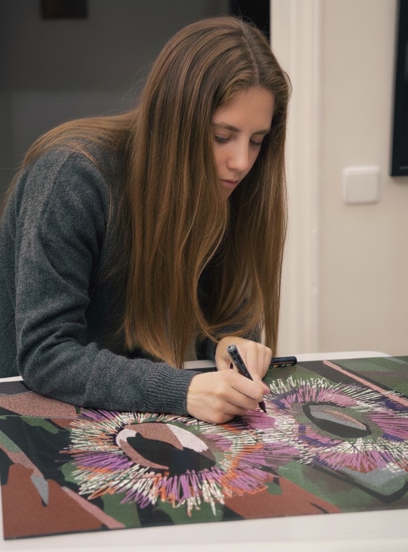 Claudia Abril Cerezo working on a drawing