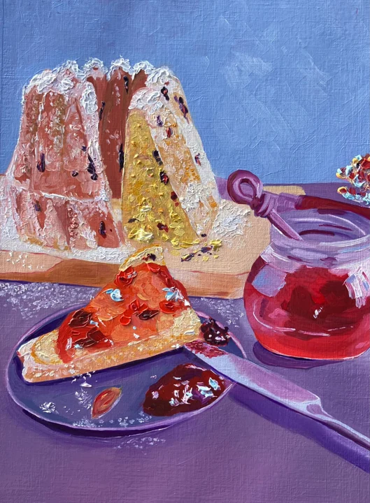 Still life with a cake, a slice on a plate and a jar of jam, in violet and blue.