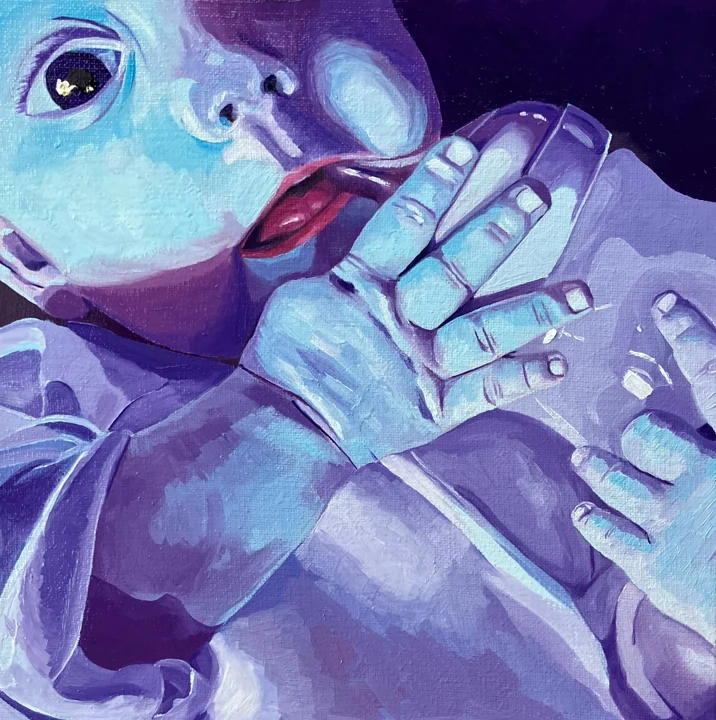 A baby drinking from a bottle, painted in blue and violet.