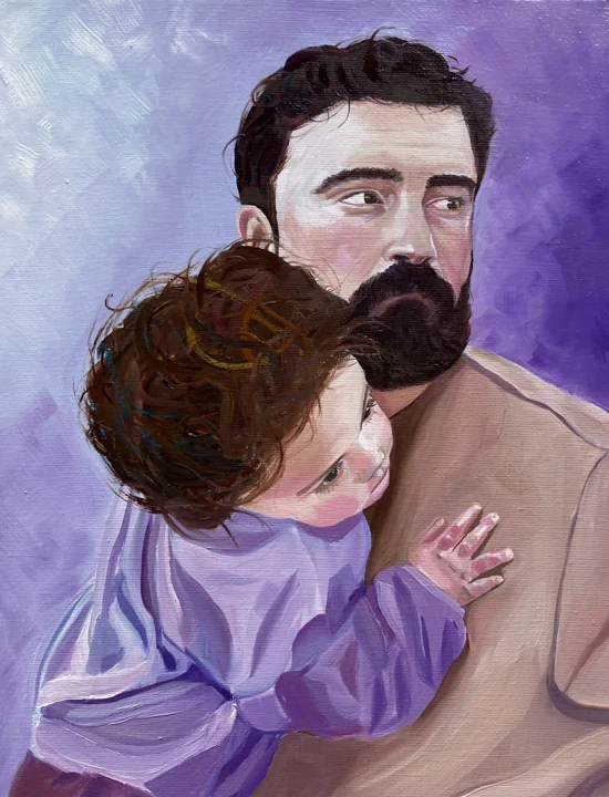 A girl embracing her father, painted in soft mauve tones.