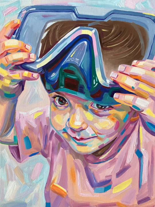 A young girl lifting her swimming goggles, painted in vivid colours.