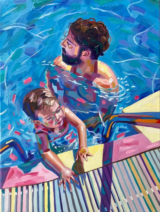 A father and daughter beside a swimming pool ladder, in blue and pink.